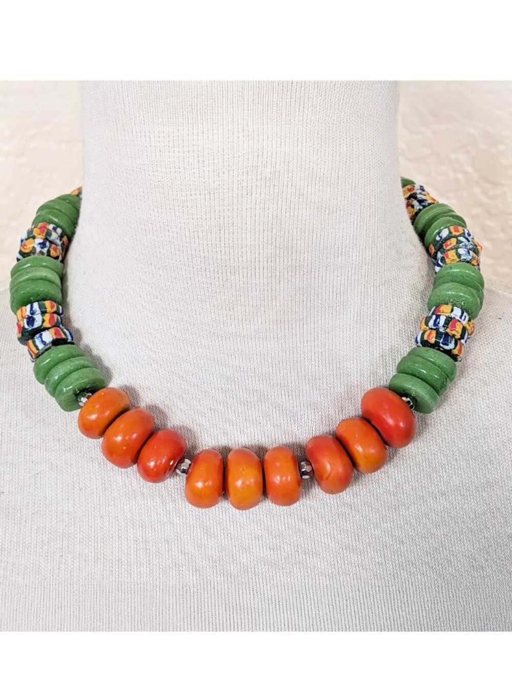 Boho Lime Green & Burnt Orange African Krobo Recycled Glass Statement Necklace